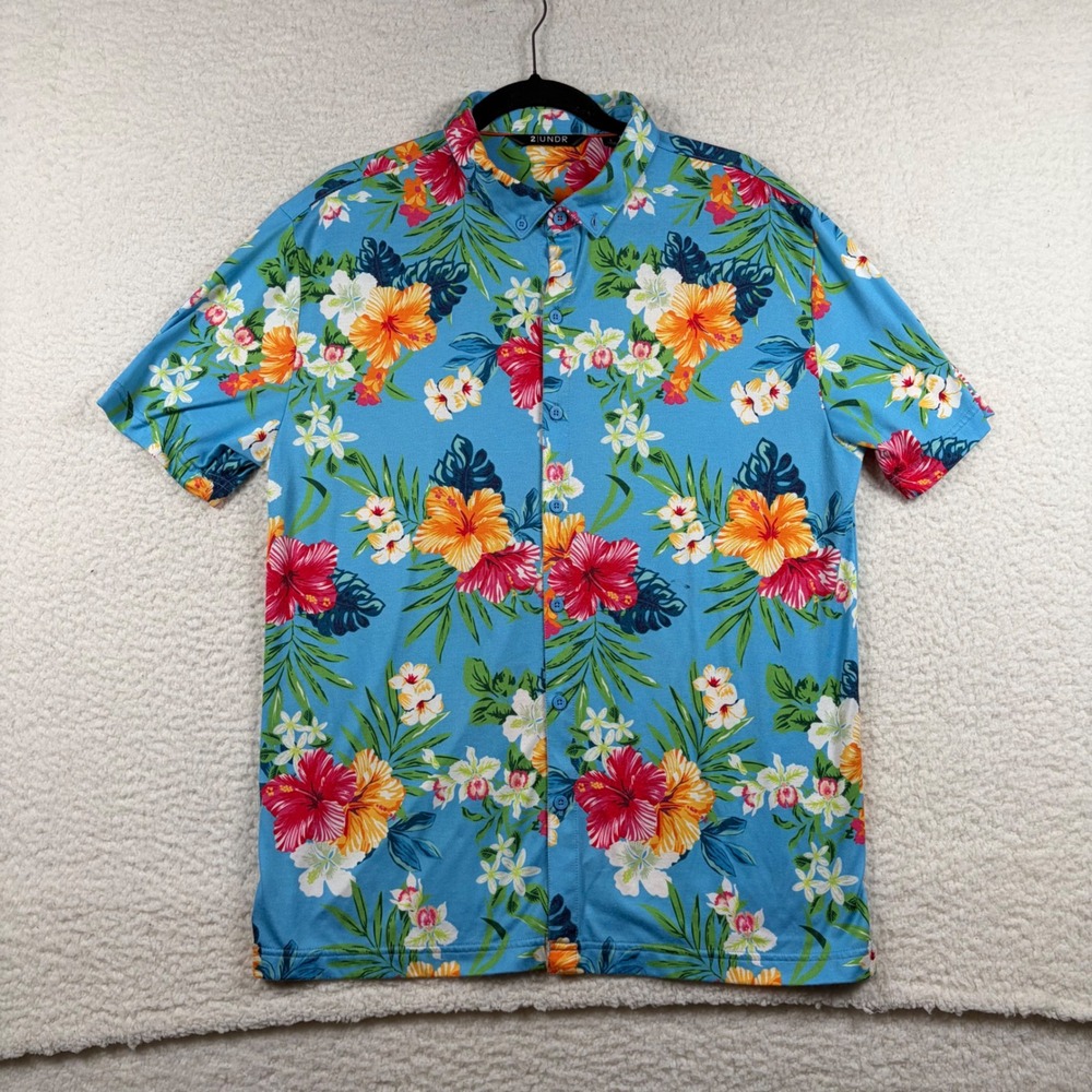 2UNDR Button Down Shirt Mens Tropical Floral Short Sleeve L Hawaiian Vacation